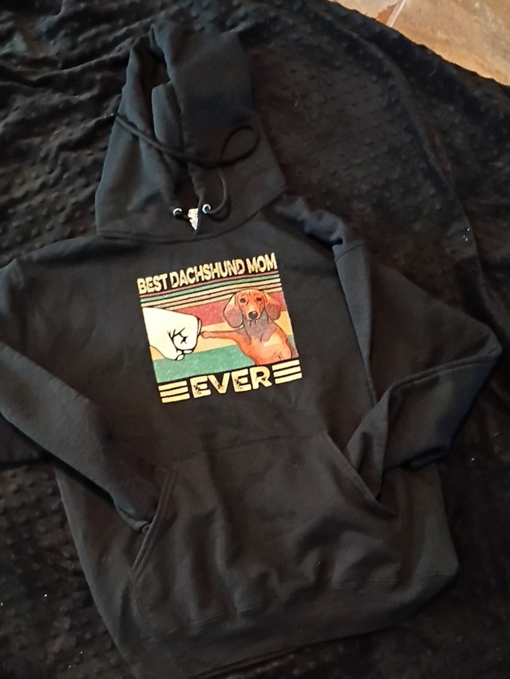 Jerzees Black Crewneck Hoodie with Colorful Dachshund Graphic